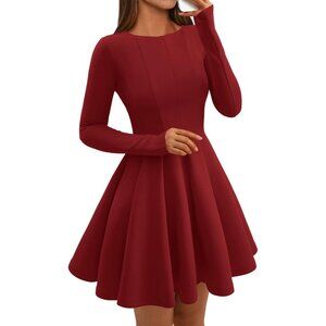 Women  Red High Waist Pleated Flowy A Line Long Sleeve Casual Fall Dress
